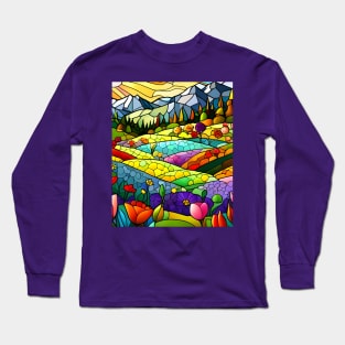 Stained Glass Colorful Mountain Flowers Long Sleeve T-Shirt